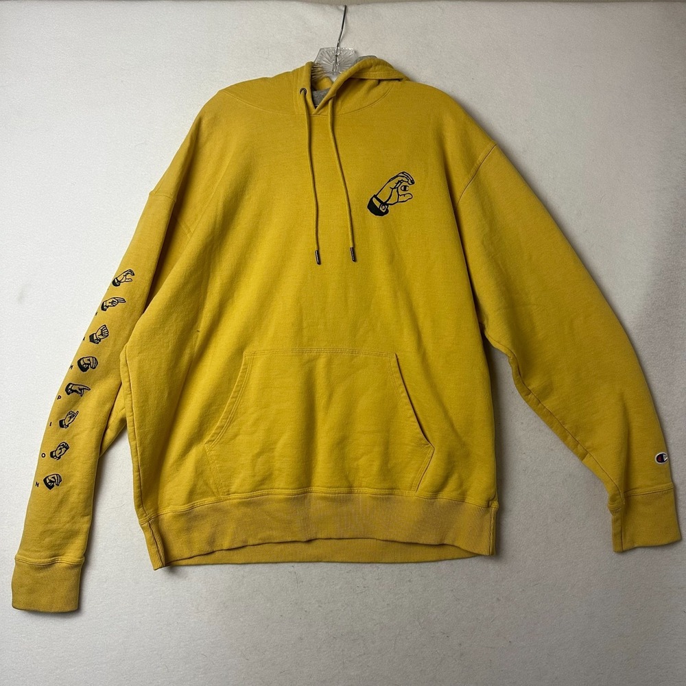 Champion Mens ASL Hand Sign Graphic Hoodie Yellow Pullover Sweatshirt XL
